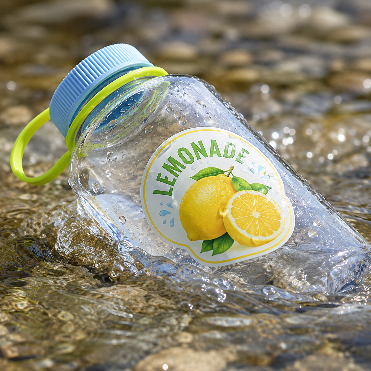 Waterproof lemonade sticker with lemon design on a clear water bottle splashed with water.