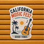 Waterproof vinyl music festival sticker on an outdoor orange wall with water droplets.