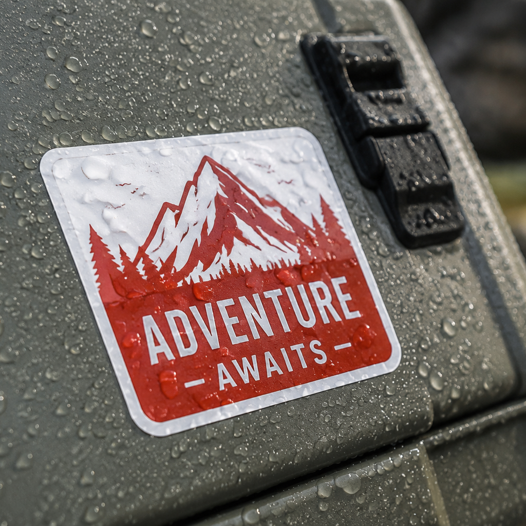 Waterproof outdoor decals with an Adventure Awaits red mountain design on a wet green storage box.
