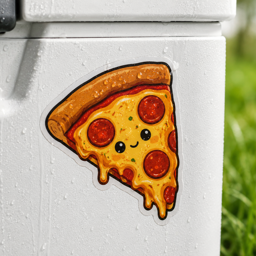 Waterproof die cut pizza sticker on a white cooler with water droplets, showing durable vinyl sticker quality for outdoor use.