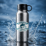 Waterproof vinyl sticker on a metal water bottle with water splashes