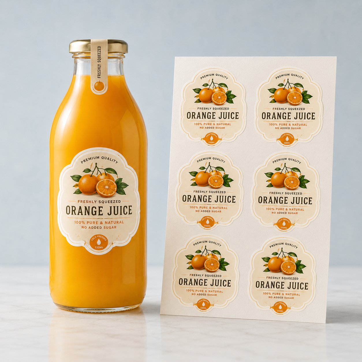 Custom wavy-edge vinyl label sheets next to a glass orange juice bottle, demonstrating oil-resistant and waterproof vinyl sticker quality for beverage packaging.