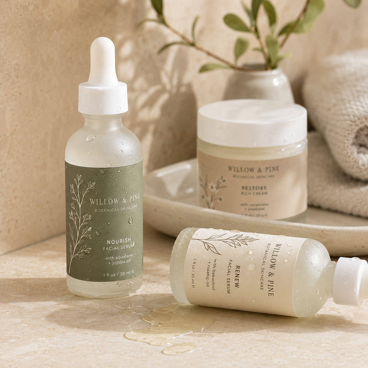 Custom waterproof vinyl labels with high-definition printing on skincare serum bottles and cream jars, featuring zero residue adhesive and elegant botanical designs.