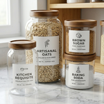Professional pantry organization using waterproof white vinyl labels on glass storage jars with wooden lids, showcasing high-quality printing on durable material
