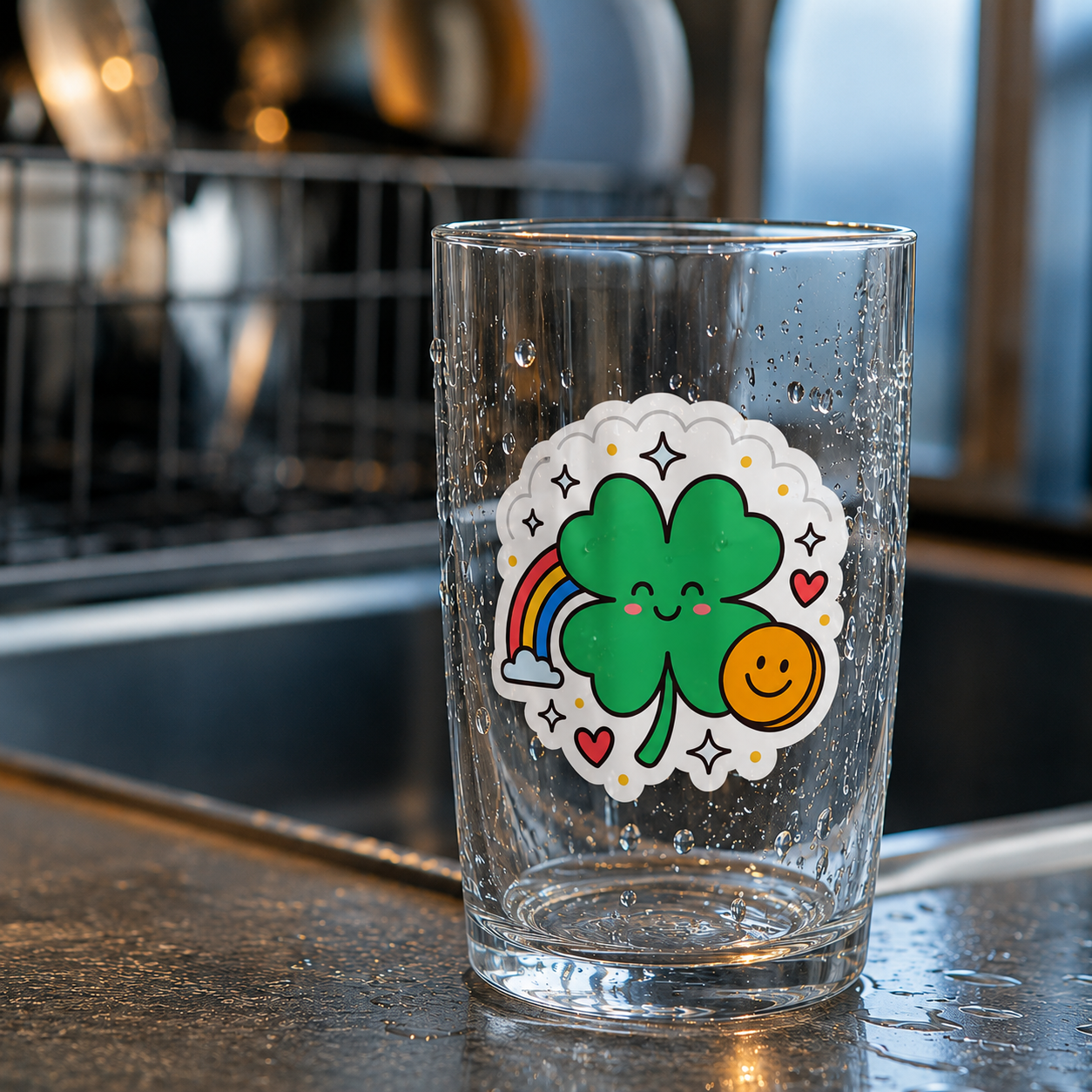 Waterproof vinyl sticker on a glass cup with water droplets near a sink.