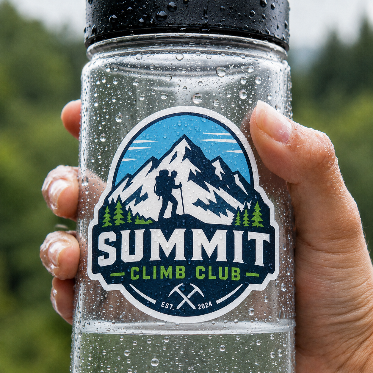 Waterproof vinyl sticker on a clear water bottle with water droplets, featuring a Summit Climb Club mountain logo design for outdoor branding.