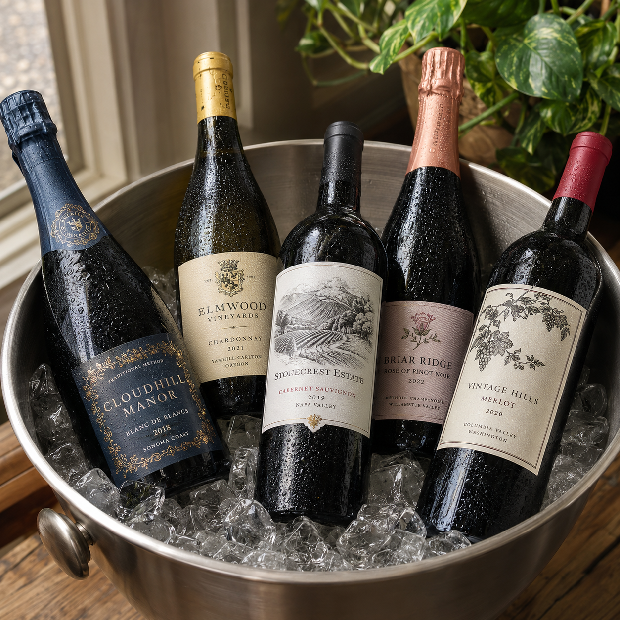 Custom waterproof wine labels made from high-quality vinyl, shown submerged in an ice bucket to demonstrate zero residue and moisture resistance for premium bottle packaging.