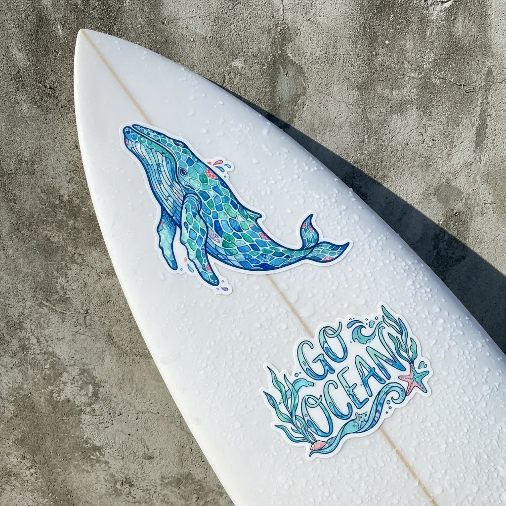 Custom surfboard sticker featuring a whale design on a white surfboard with water droplets.