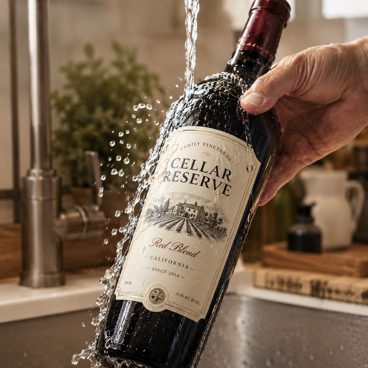A "Cellar Reserve" red wine bottle label being rinsed under a kitchen faucet, demonstrating the waterproof and smudge-proof quality of the material as water beads off the surface.