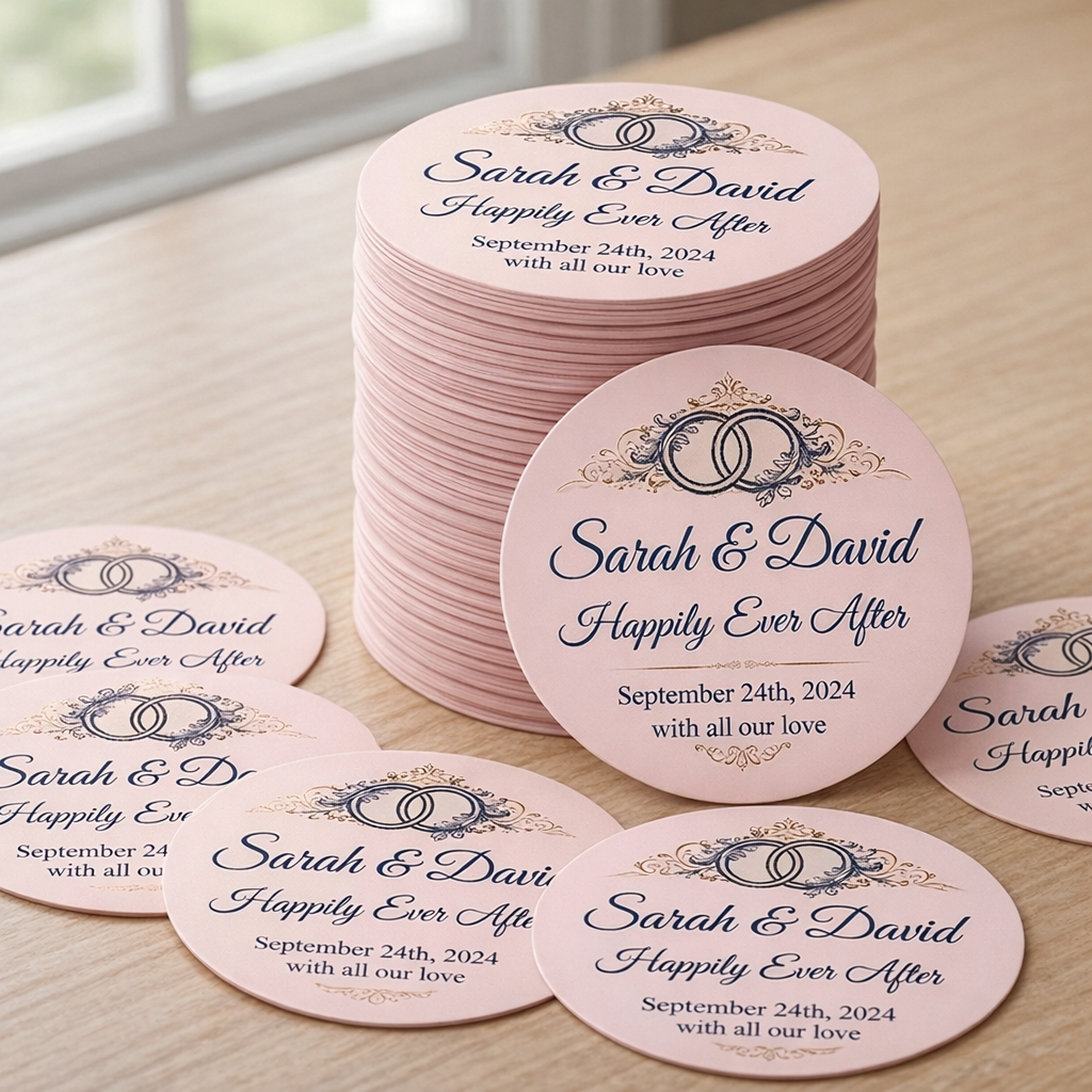 Stack of personalized round stickers with 'Sarah & David Happily Ever After' text on a wooden surface.