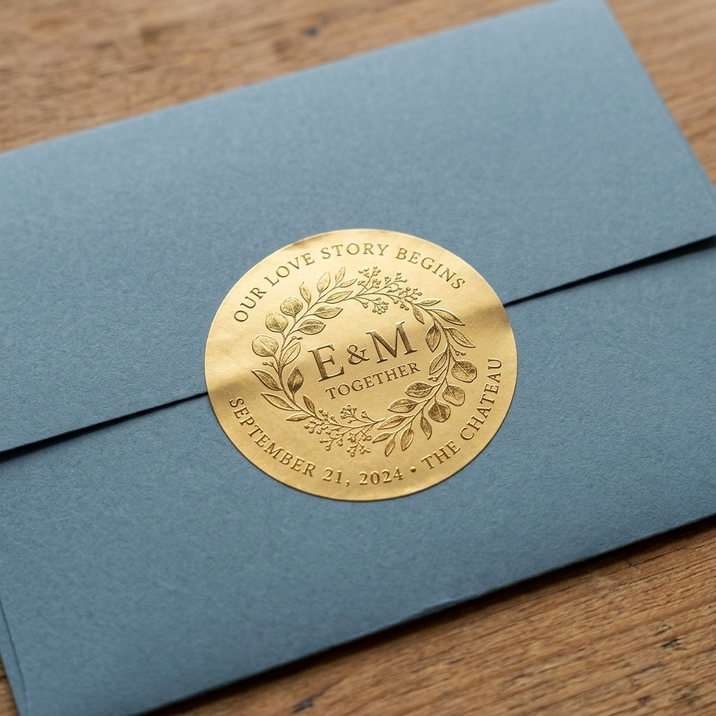 A single light blue wedding invitation envelope sealed with a custom gold label. The round gold foil label features the couple's initials "E&M" in the center, surrounded by a delicate wreath and their wedding details.