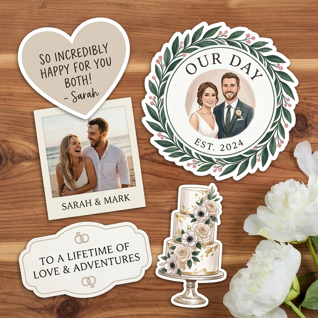 Collection of personalized wedding stickers on a wooden surface with flowers. Wedding cake design, heartfelt messages, couple photo sticker.