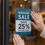 Retail store window decal featuring "Weekend Sale - Save 25% In Store Today" in teal and white, being smoothly applied by hand onto a shop glass window.
