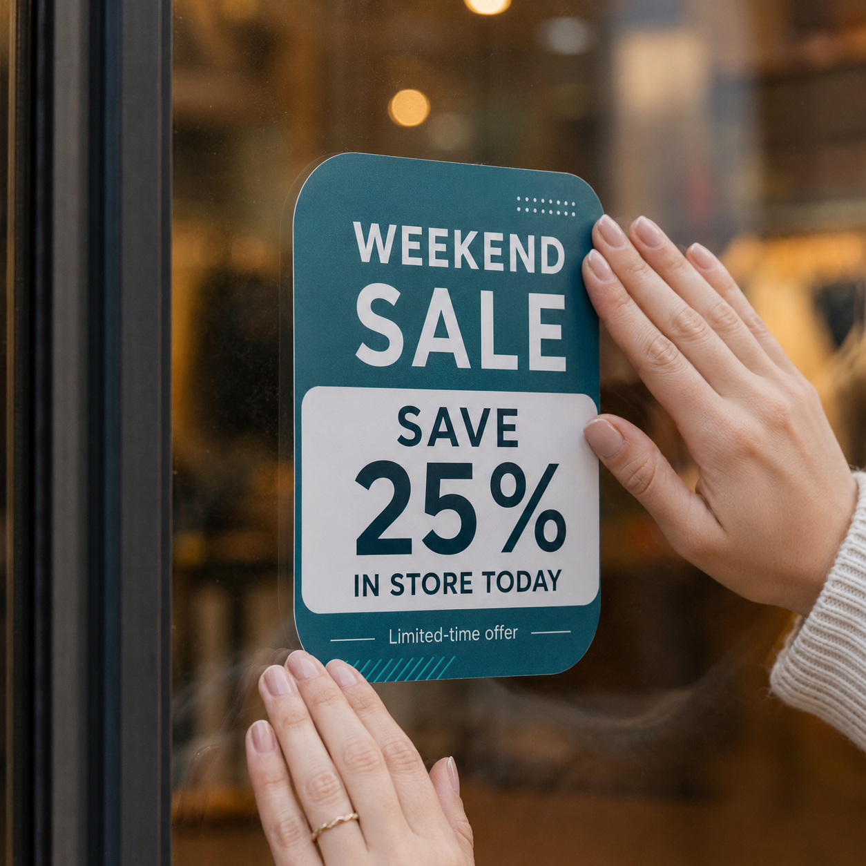 Retail store window decal featuring "Weekend Sale - Save 25% In Store Today" in teal and white, being smoothly applied by hand onto a shop glass window.