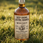 Glass whisky bottle placed on grass, featuring a custom logo and ingredient label for branding.