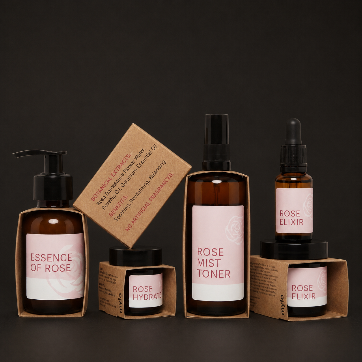 White vinyl cosmetic labels on a skincare product line including toner, serum, and body care bottles for beauty brands