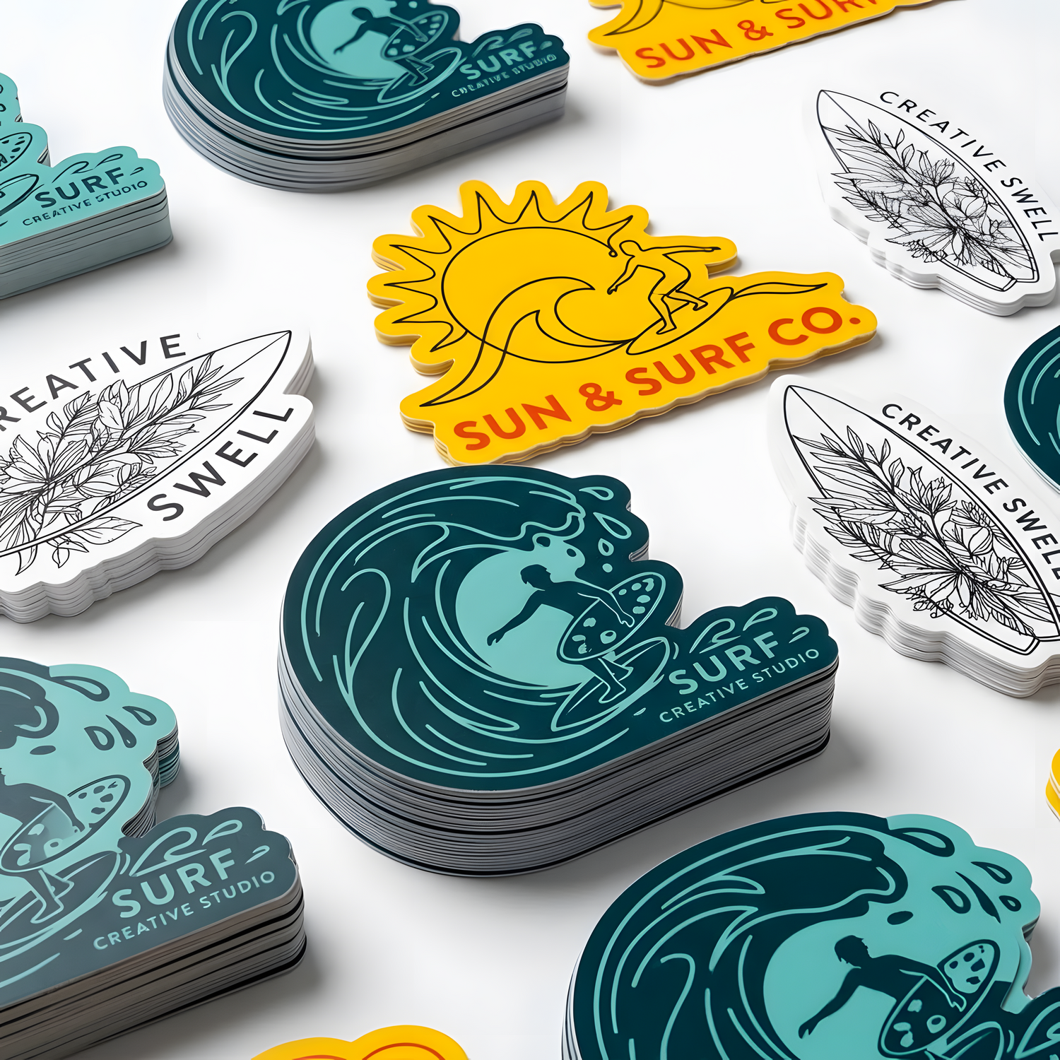 Bulk stacks of colorful custom die-cut stickers in teal, yellow, and white designs.