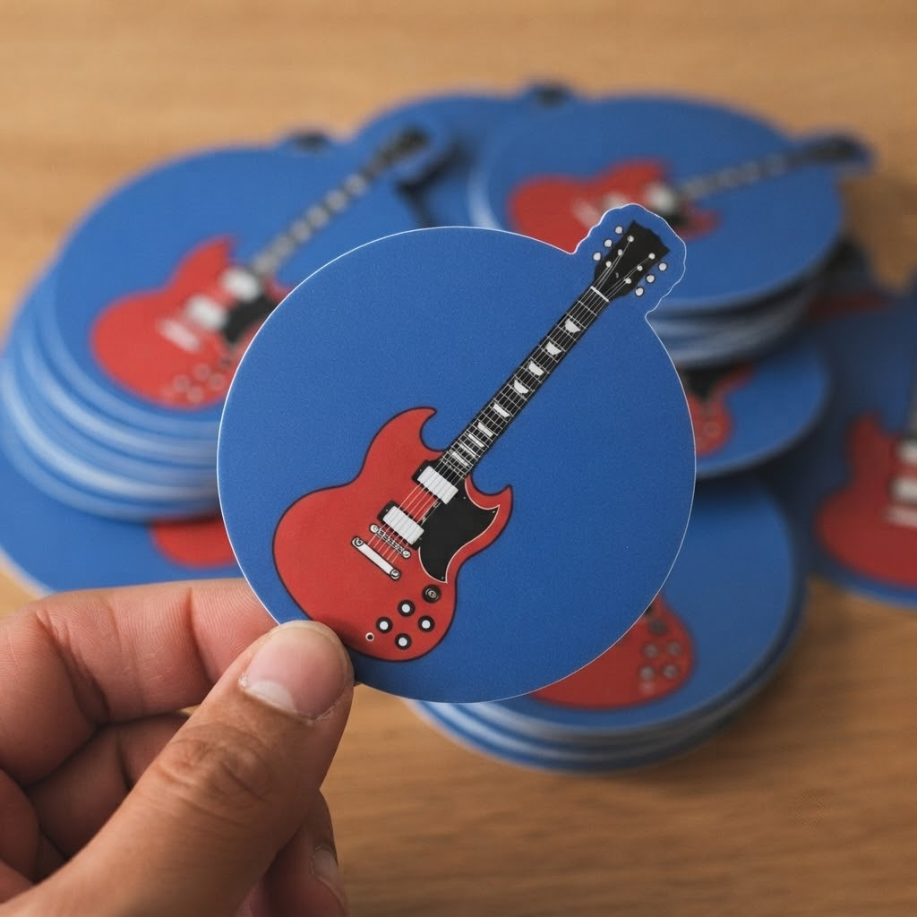 Hand holding a round blue guitar sticker with wholesale sticker stacks ready for resale.