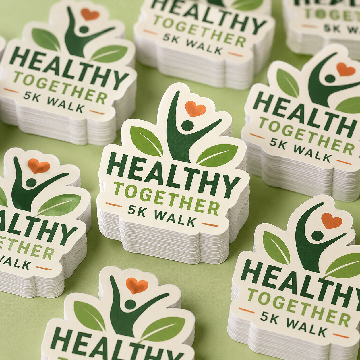 Stacks of green and white custom health event stickers prepared for wholesale orders.