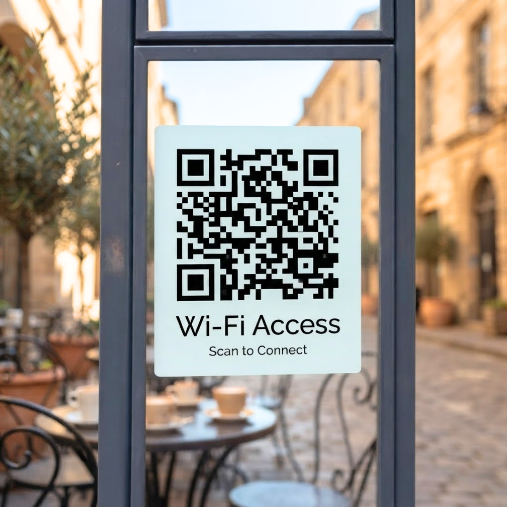 A square Wi-Fi access QR code sticker with a minimalist black and white design, displayed on a glass surface.