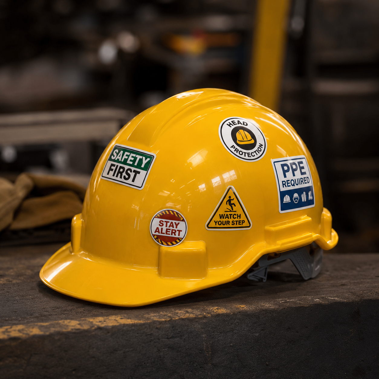 A yellow construction hard hat sitting on a workbench, detailed with multiple safety stickers like Safety First, Head Protection, PPE Required, and Watch Your Step.