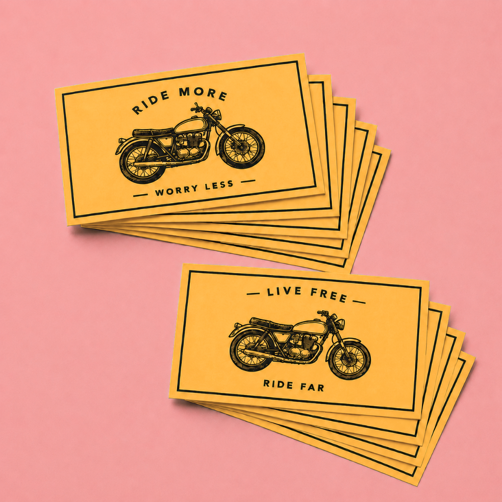 Yellow rectangle stickers with motorcycle illustration stacked on a pink background